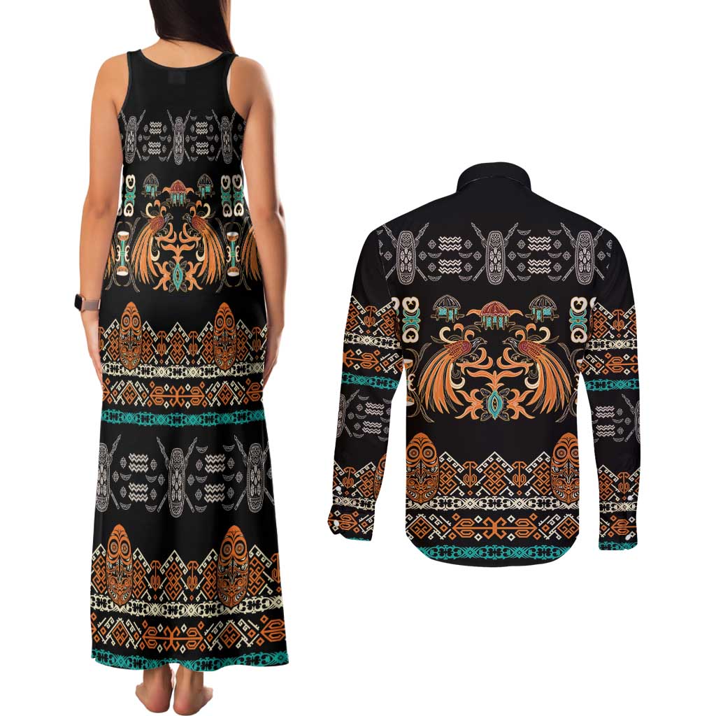 Black Batik Papua-inspired Pattern Couples Matching Tank Maxi Dress and Long Sleeve Button Shirt LT9 - Polynesian Pride