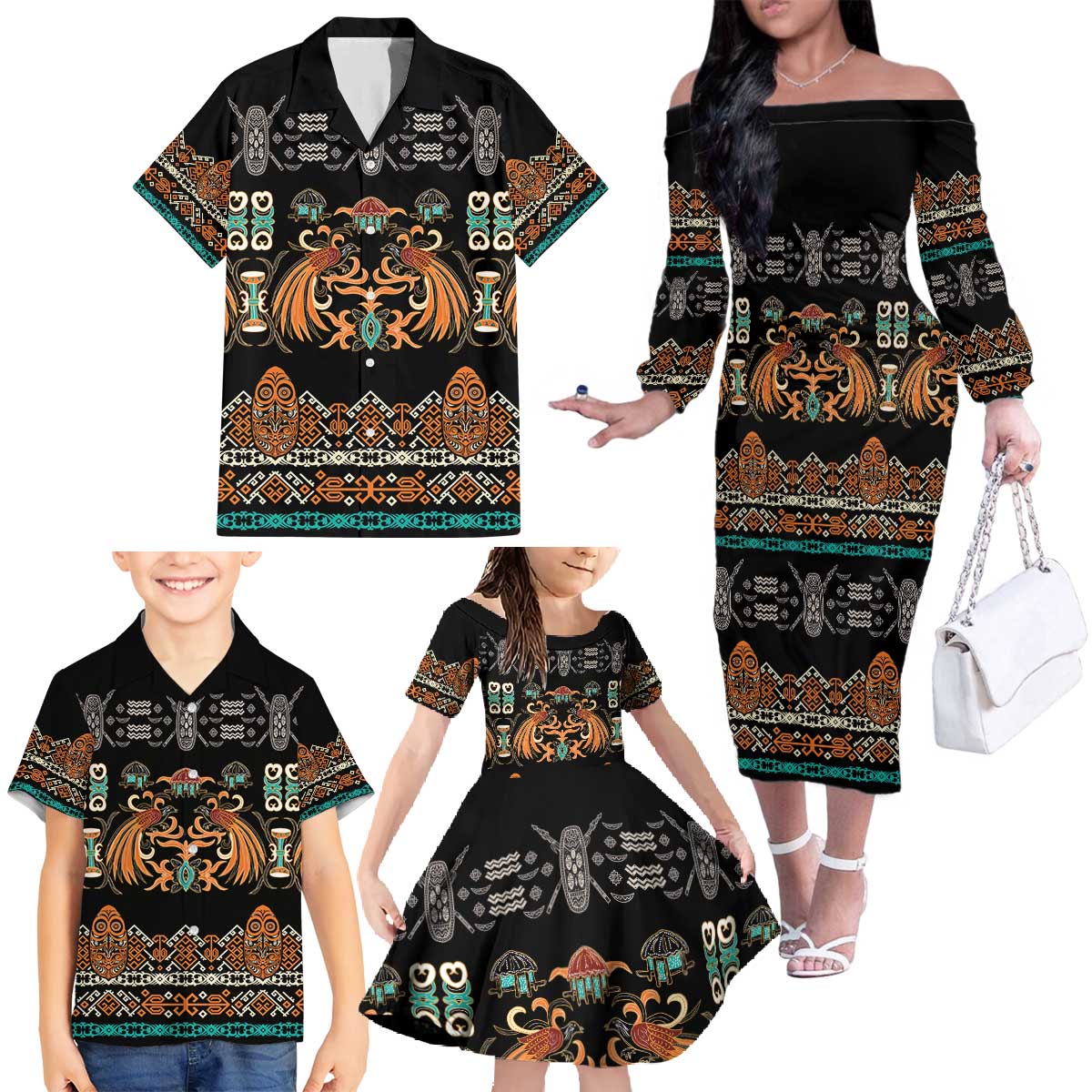 Black Batik Papua-inspired Pattern Family Matching Off The Shoulder Long Sleeve Dress and Hawaiian Shirt - Polynesian Pride