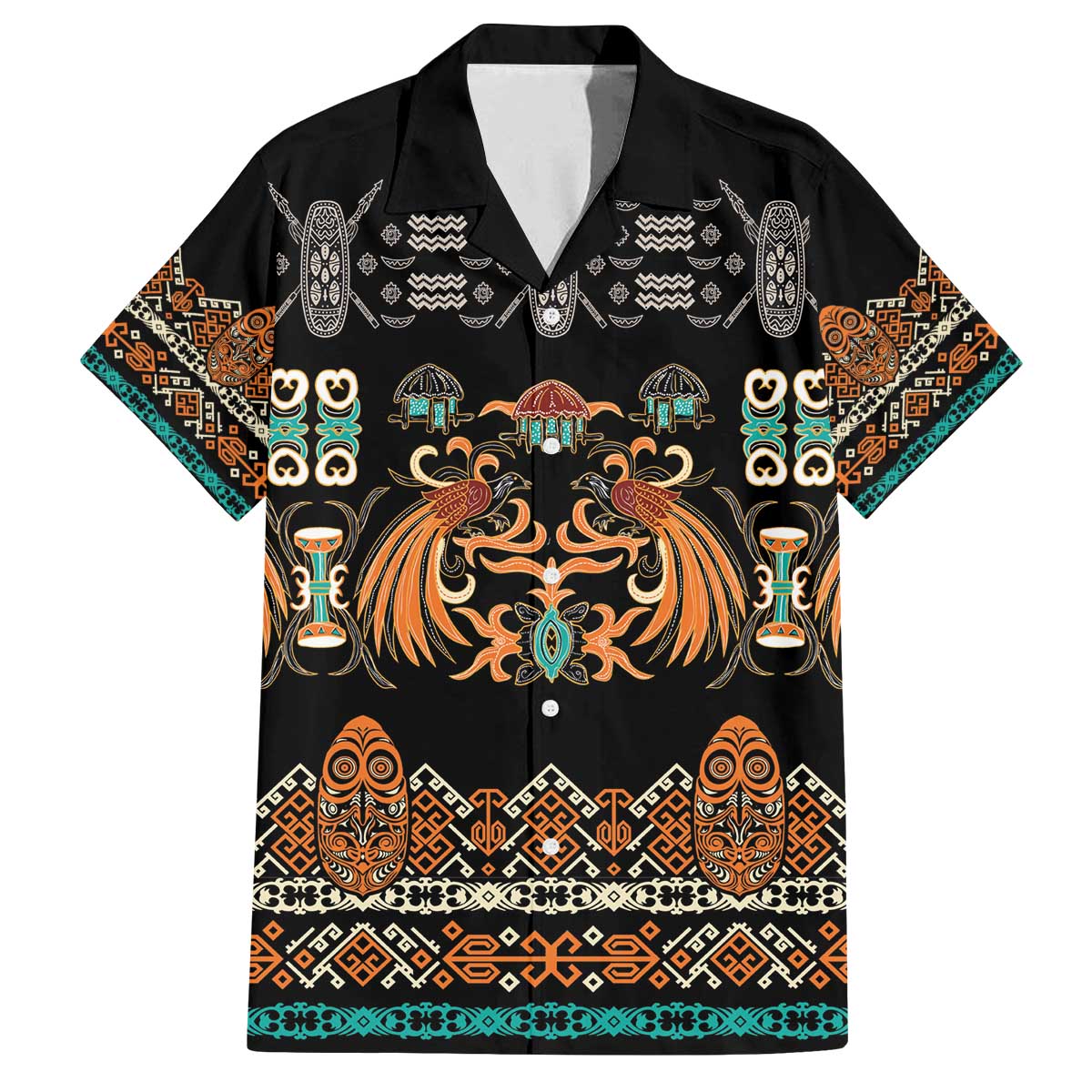 Black Batik Papua-inspired Pattern Family Matching Off The Shoulder Long Sleeve Dress and Hawaiian Shirt - Polynesian Pride