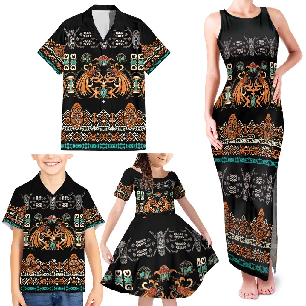 Black Batik Papua-inspired Pattern Family Matching Tank Maxi Dress and Hawaiian Shirt - Polynesian Pride