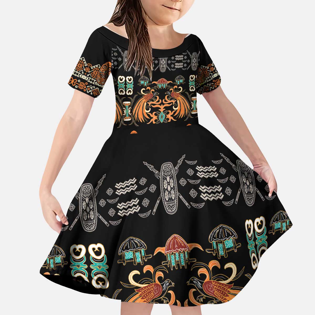 Black Batik Papua-inspired Pattern Kid Short Sleeve Dress - Polynesian Pride
