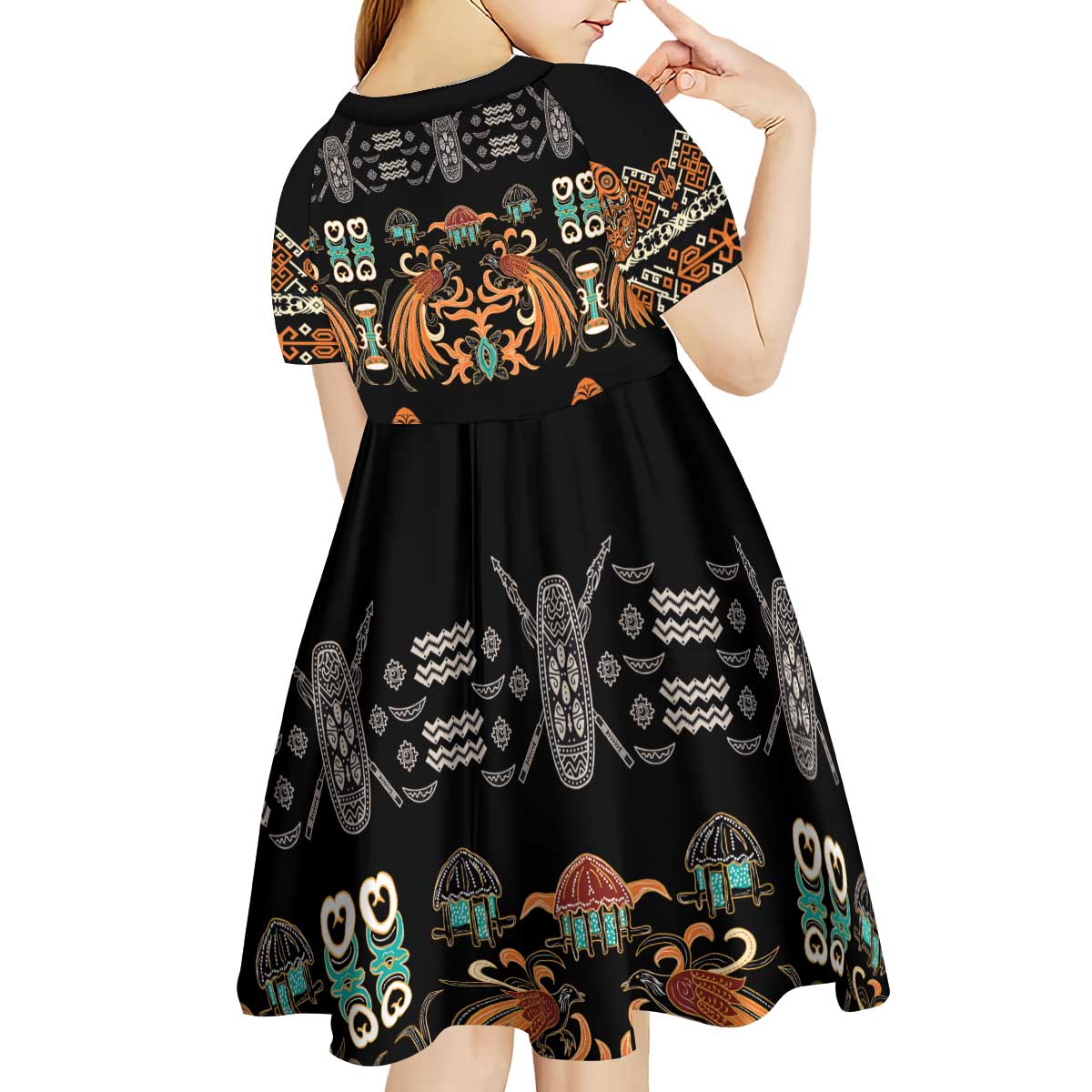 Black Batik Papua-inspired Pattern Kid Short Sleeve Dress - Polynesian Pride