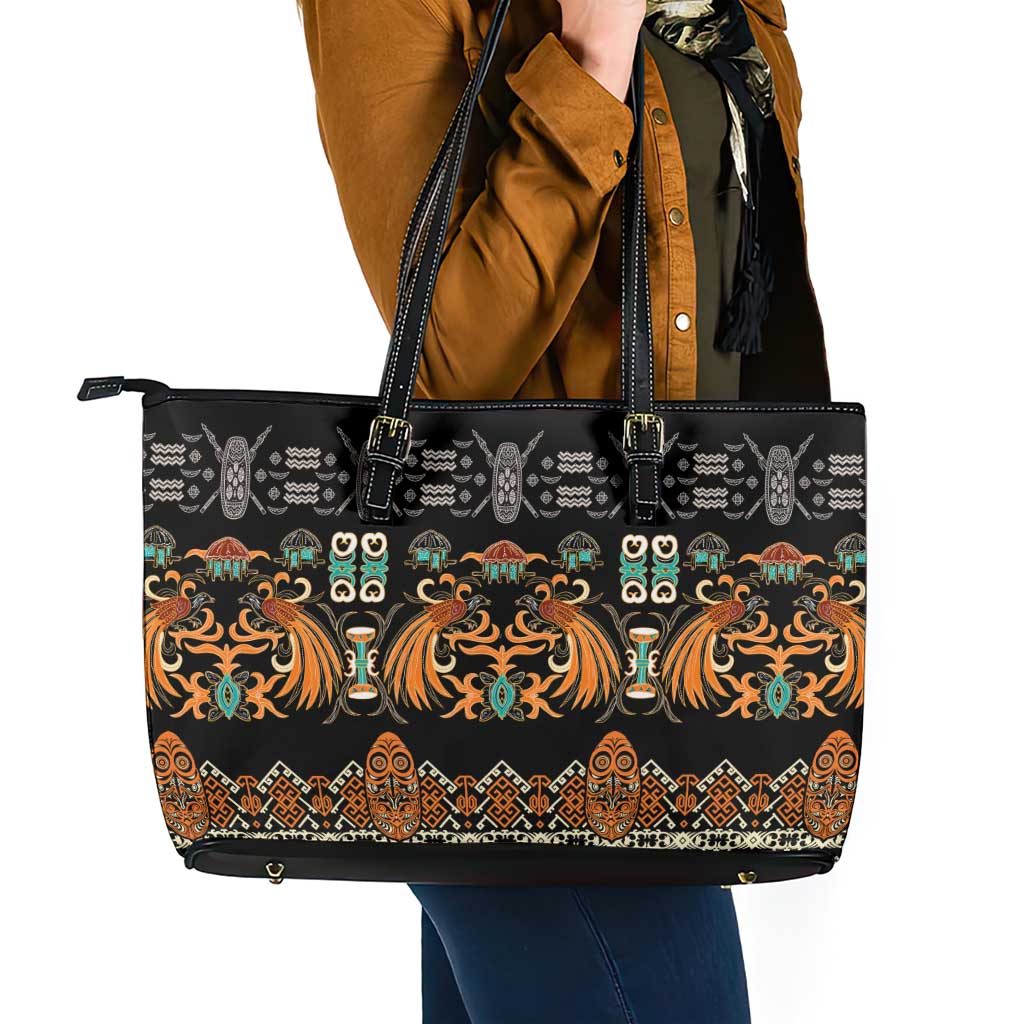Black Batik Papua-inspired Pattern Leather Tote Bag LT9 - Polynesian Pride