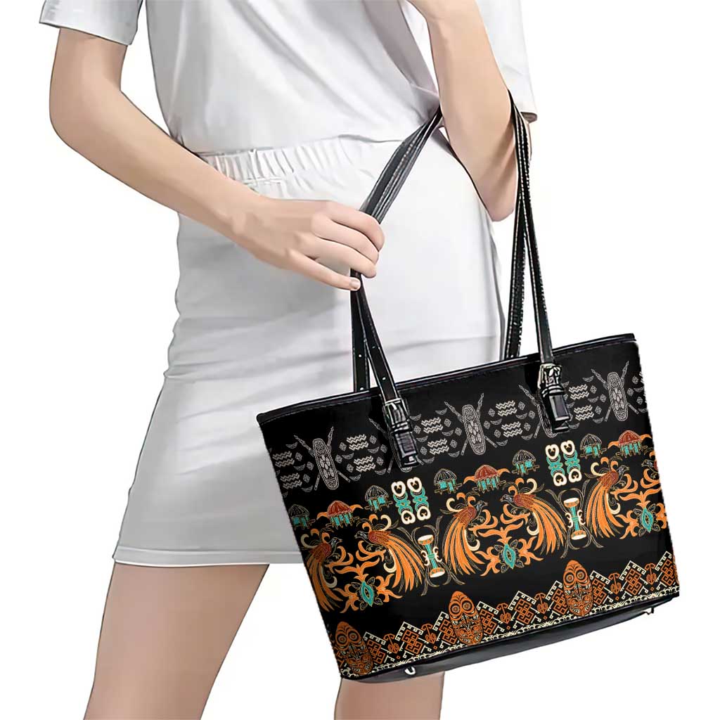 Black Batik Papua-inspired Pattern Leather Tote Bag LT9 - Polynesian Pride