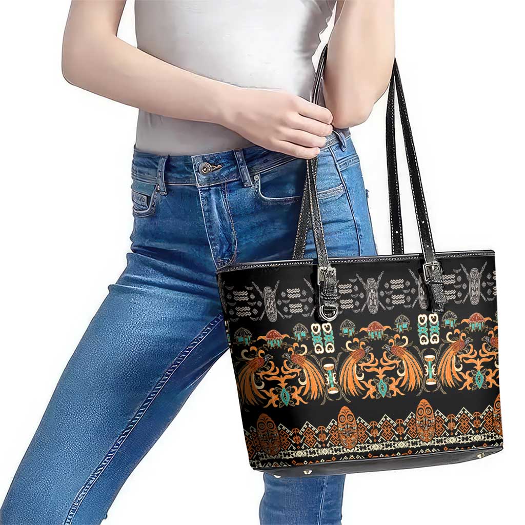 Black Batik Papua-inspired Pattern Leather Tote Bag LT9 - Polynesian Pride