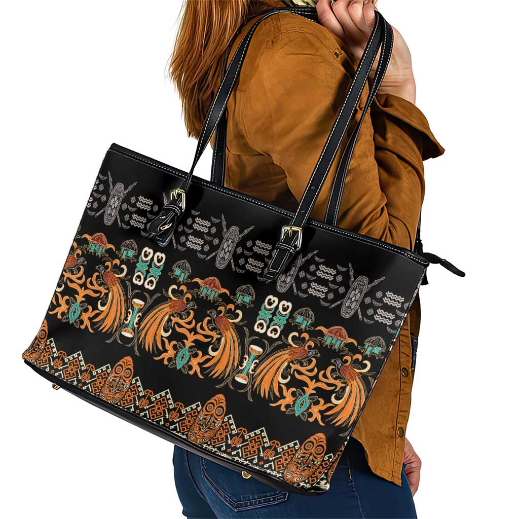 Black Batik Papua-inspired Pattern Leather Tote Bag LT9 - Polynesian Pride