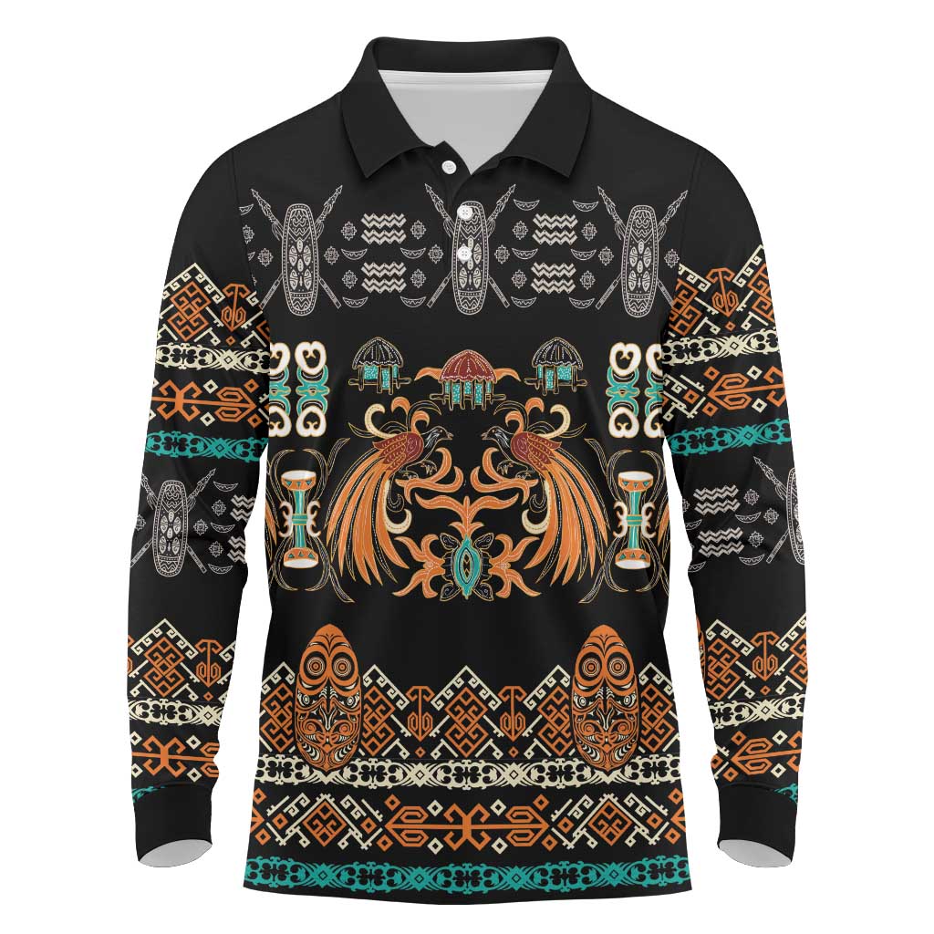 Black Batik Papua-inspired Pattern Long Sleeve Polo Shirt - Polynesian Pride