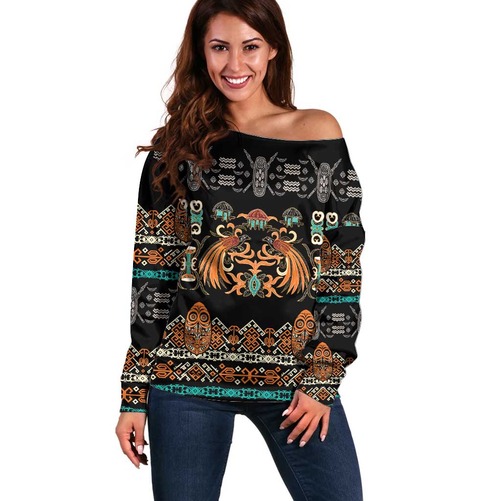 Black Batik Papua-inspired Pattern Off Shoulder Sweater - Polynesian Pride