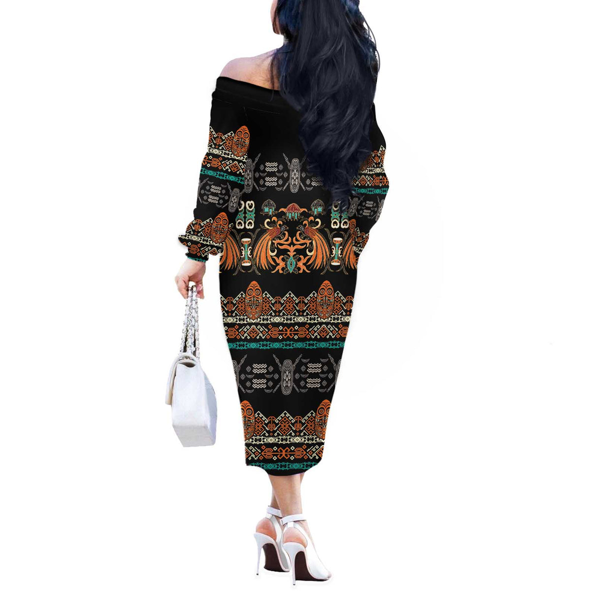 Black Batik Papua-inspired Pattern Off The Shoulder Long Sleeve Dress - Polynesian Pride