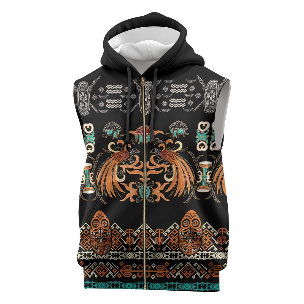 Black Batik Papua-inspired Pattern Sleeveless Zip Hoodie - Polynesian Pride