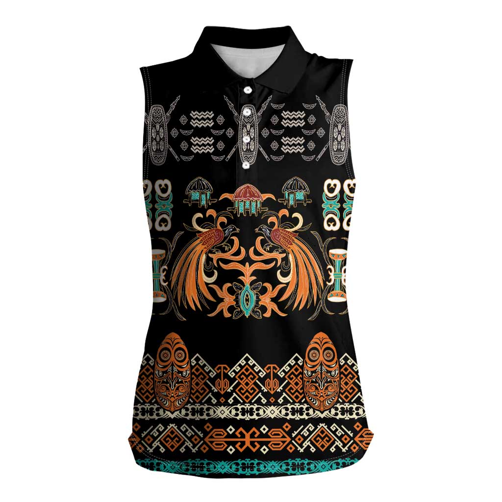 Black Batik Papua-inspired Pattern Women Sleeveless Polo Shirt - Polynesian Pride