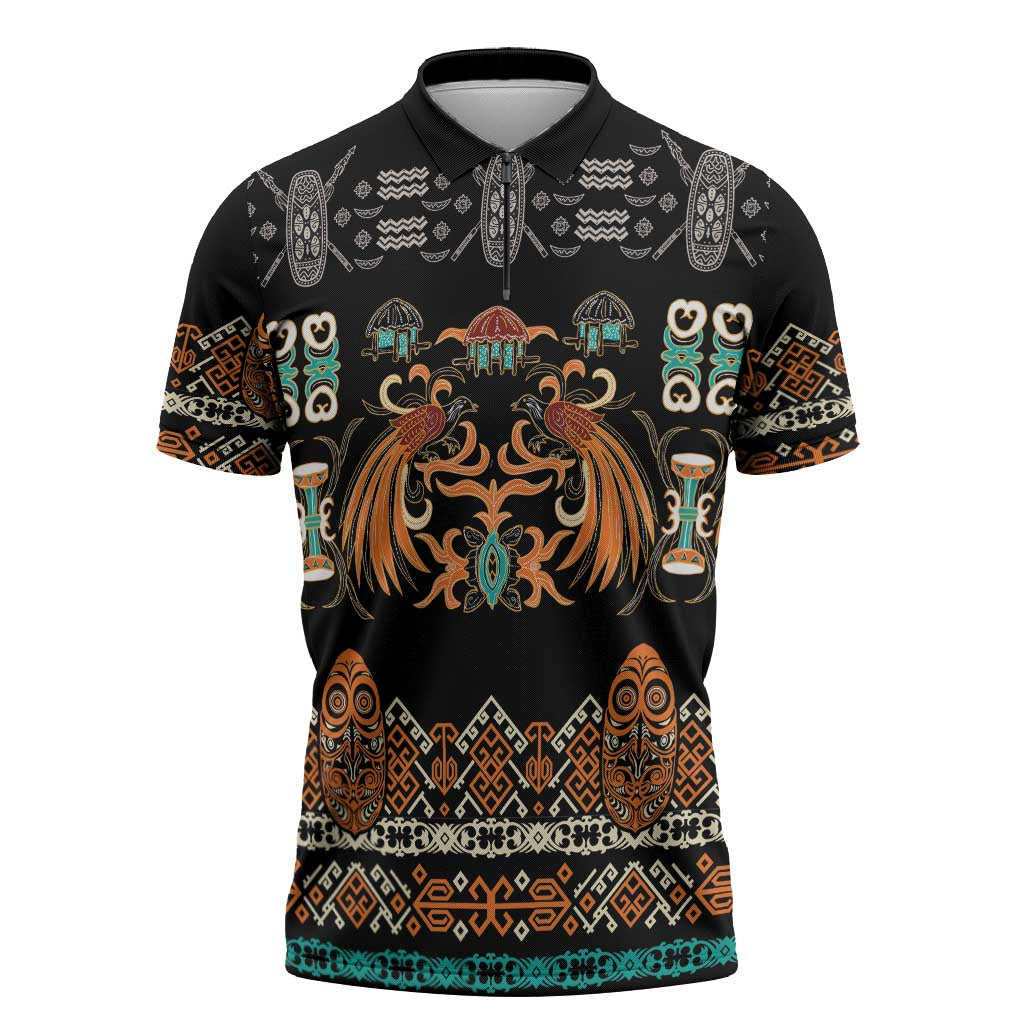 Black Batik Papua-inspired Pattern Zipper Polo Shirt - Polynesian Pride