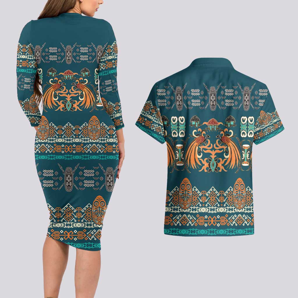 Dark Cyan Blue Batik Papua-inspired Pattern Couples Matching Long Sleeve Bodycon Dress and Hawaiian Shirt - Polynesian Pride