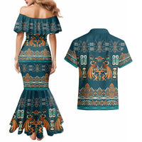 Dark Cyan Blue Batik Papua-inspired Pattern Couples Matching Mermaid Dress and Hawaiian Shirt - Polynesian Pride