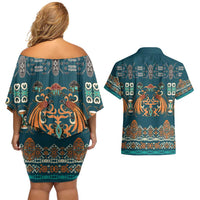 Dark Cyan Blue Batik Papua-inspired Pattern Couples Matching Off Shoulder Short Dress and Hawaiian Shirt - Polynesian Pride