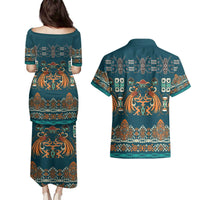 Dark Cyan Blue Batik Papua-inspired Pattern Couples Matching Puletasi and Hawaiian Shirt LT9 - Polynesian Pride