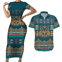 Dark Cyan Blue Batik Papua-inspired Pattern Couples Matching Short Sleeve Bodycon Dress and Hawaiian Shirt - Polynesian Pride
