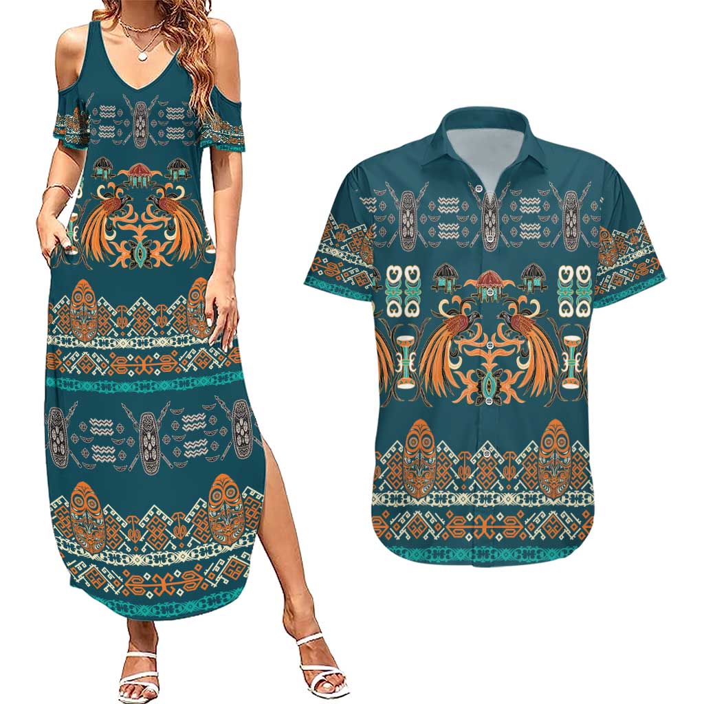 Dark Cyan Blue Batik Papua-inspired Pattern Couples Matching Summer Maxi Dress and Hawaiian Shirt - Polynesian Pride