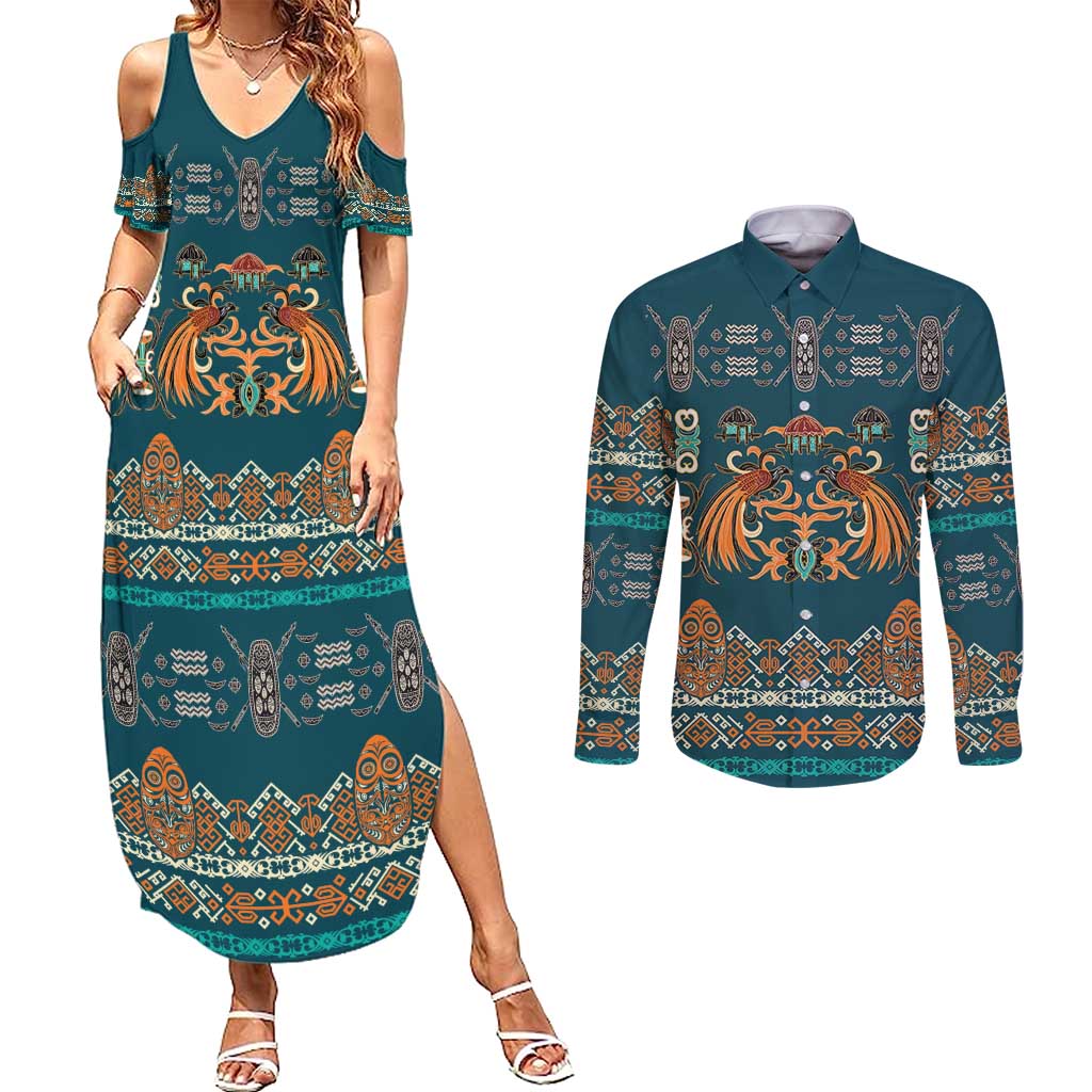 Dark Cyan Blue Batik Papua-inspired Pattern Couples Matching Summer Maxi Dress and Long Sleeve Button Shirt - Polynesian Pride