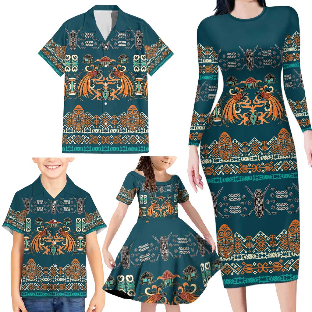 Dark Cyan Blue Batik Papua-inspired Pattern Family Matching Long Sleeve Bodycon Dress and Hawaiian Shirt - Polynesian Pride