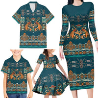 Dark Cyan Blue Batik Papua-inspired Pattern Family Matching Long Sleeve Bodycon Dress and Hawaiian Shirt - Polynesian Pride