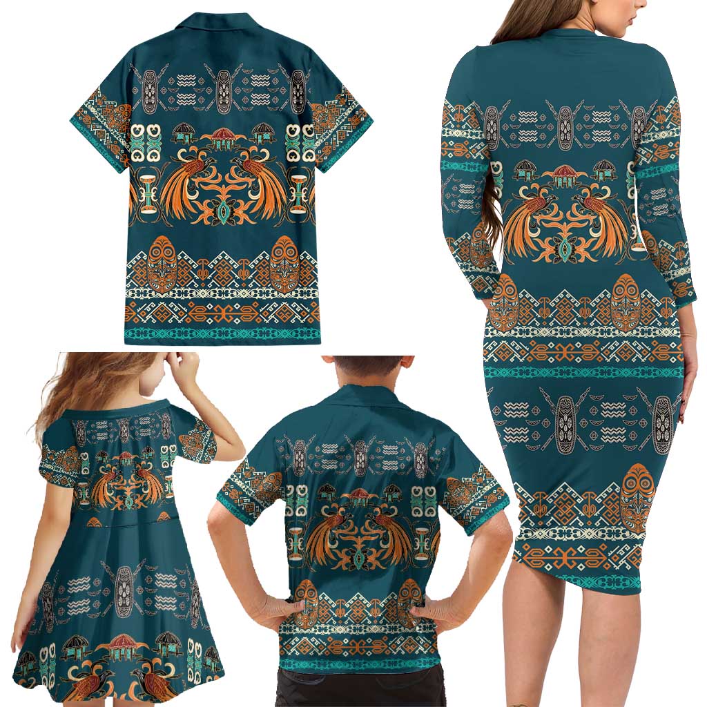 Dark Cyan Blue Batik Papua-inspired Pattern Family Matching Long Sleeve Bodycon Dress and Hawaiian Shirt - Polynesian Pride