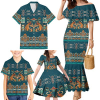Dark Cyan Blue Batik Papua-inspired Pattern Family Matching Mermaid Dress and Hawaiian Shirt - Polynesian Pride