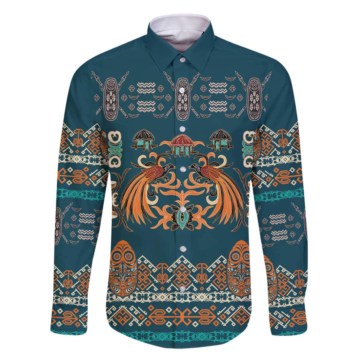 Dark Cyan Blue Batik Papua-inspired Pattern Family Matching Off The Shoulder Long Sleeve Dress and Hawaiian Shirt - Polynesian Pride