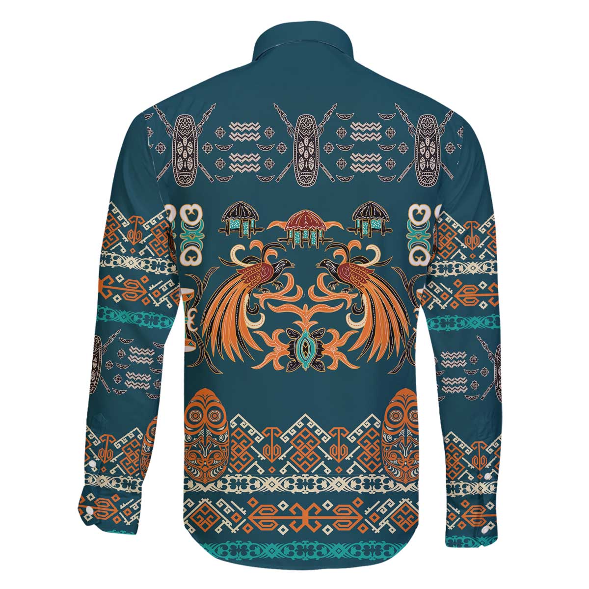 Dark Cyan Blue Batik Papua-inspired Pattern Family Matching Off The Shoulder Long Sleeve Dress and Hawaiian Shirt - Polynesian Pride