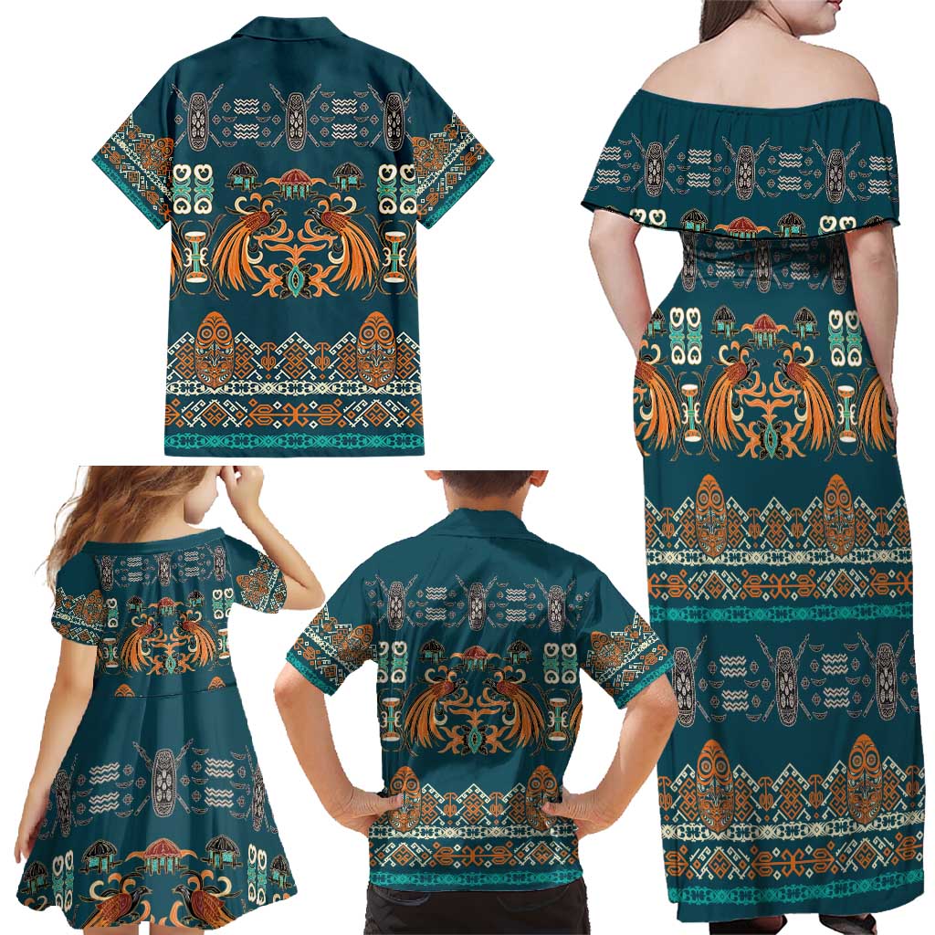 Dark Cyan Blue Batik Papua-inspired Pattern Family Matching Off Shoulder Maxi Dress and Hawaiian Shirt - Polynesian Pride