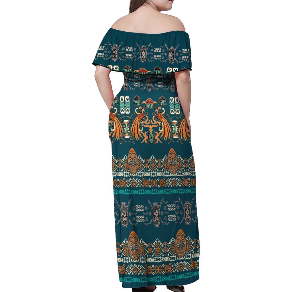 Dark Cyan Blue Batik Papua-inspired Pattern Family Matching Off Shoulder Maxi Dress and Hawaiian Shirt - Polynesian Pride