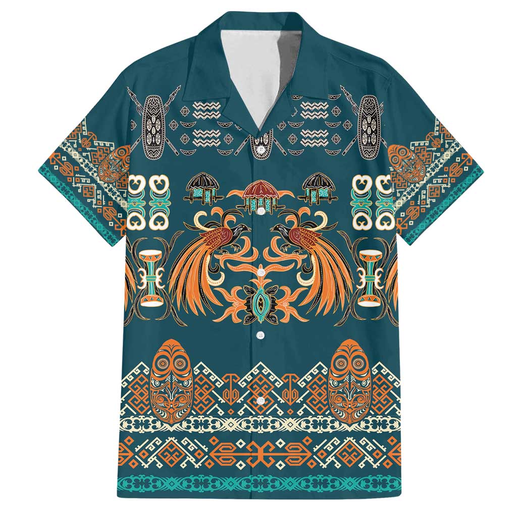 Dark Cyan Blue Batik Papua-inspired Pattern Family Matching Off Shoulder Short Dress and Hawaiian Shirt LT9 Dad's Shirt - Short Sleeve Blue - Polynesian Pride