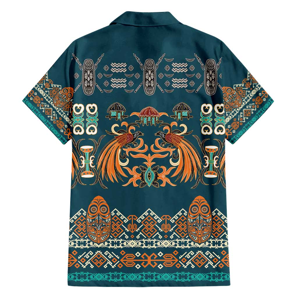 Dark Cyan Blue Batik Papua-inspired Pattern Family Matching Off Shoulder Short Dress and Hawaiian Shirt LT9 - Polynesian Pride