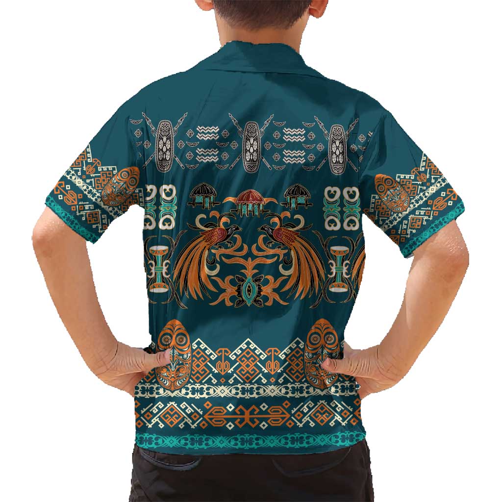 Dark Cyan Blue Batik Papua-inspired Pattern Family Matching Puletasi and Hawaiian Shirt - Polynesian Pride