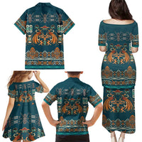 Dark Cyan Blue Batik Papua-inspired Pattern Family Matching Puletasi and Hawaiian Shirt - Polynesian Pride