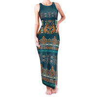 Dark Cyan Blue Batik Papua-inspired Pattern Family Matching Tank Maxi Dress and Hawaiian Shirt - Polynesian Pride