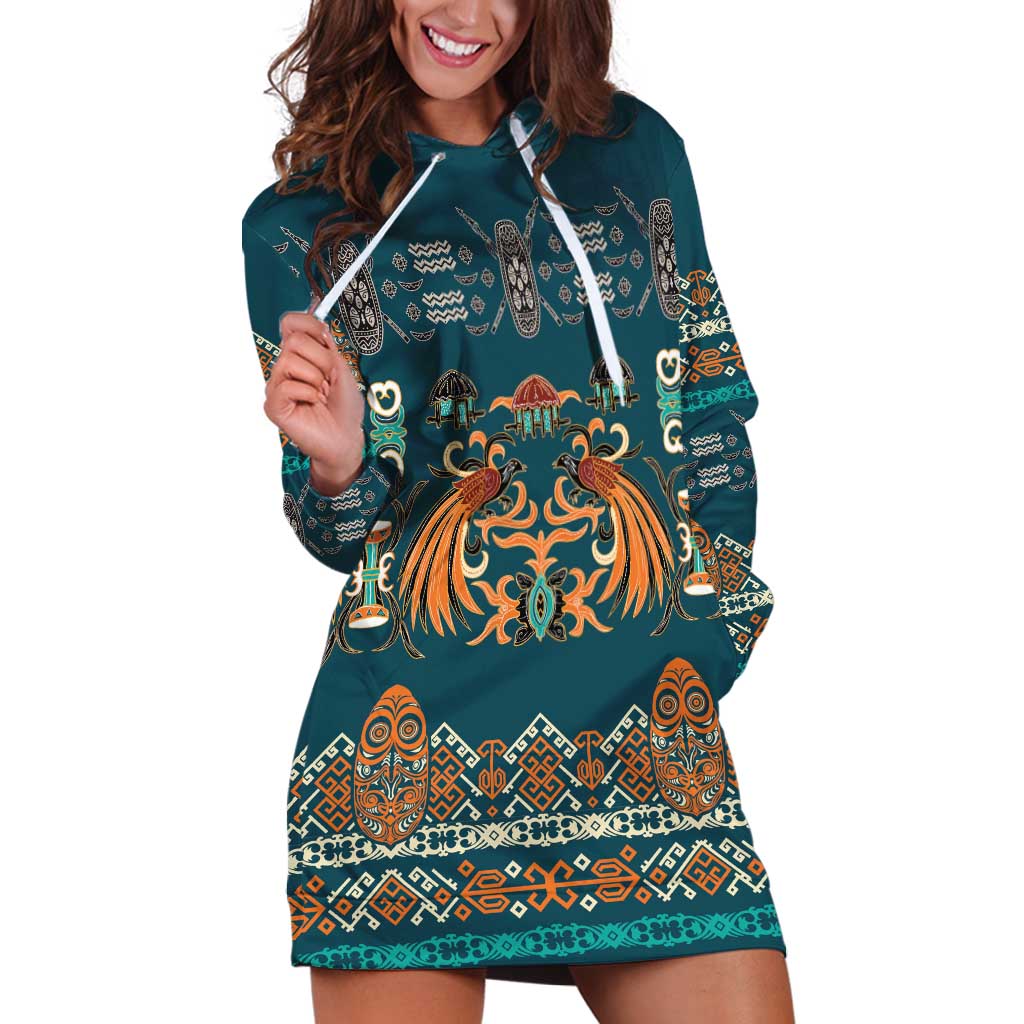 Dark Cyan Blue Batik Papua-inspired Pattern Hoodie Dress - Polynesian Pride