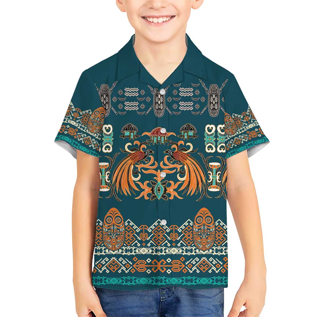 Dark Cyan Blue Batik Papua-inspired Pattern Kid Hawaiian Shirt LT9 Kid Blue - Polynesian Pride