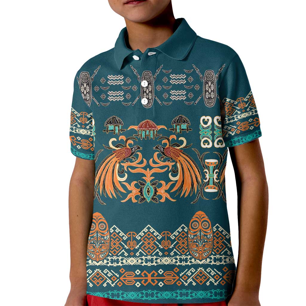 Dark Cyan Blue Batik Papua-inspired Pattern Kid Polo Shirt LT9 Kid Blue - Polynesian Pride