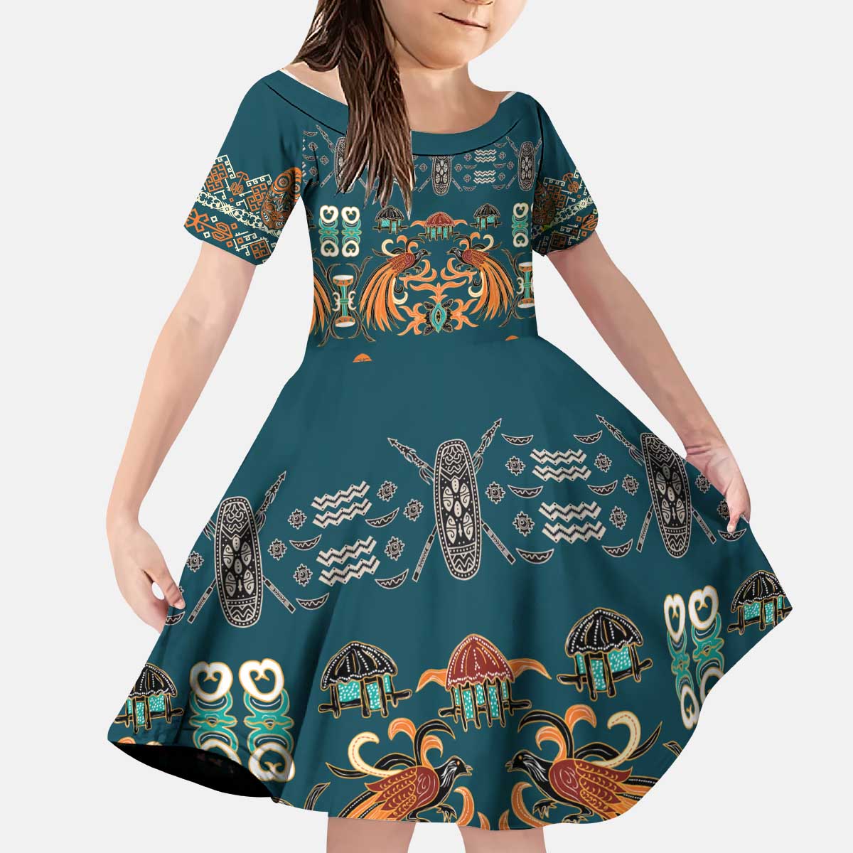 Dark Cyan Blue Batik Papua-inspired Pattern Kid Short Sleeve Dress - Polynesian Pride