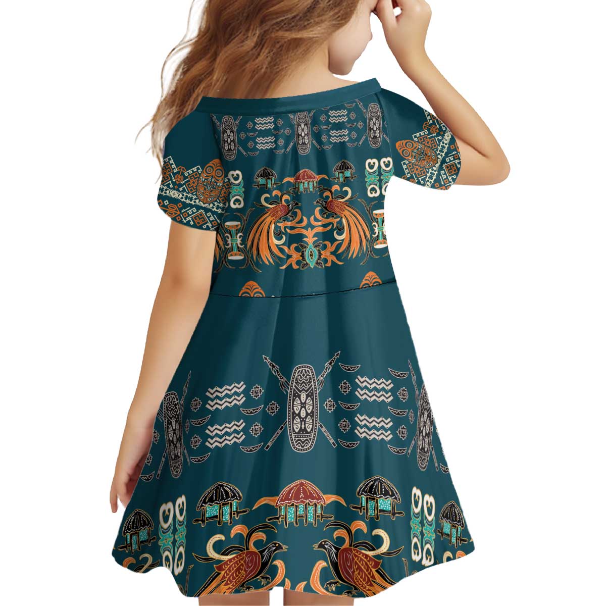 Dark Cyan Blue Batik Papua-inspired Pattern Kid Short Sleeve Dress - Polynesian Pride