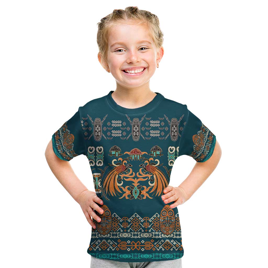 Dark Cyan Blue Batik Papua-inspired Pattern Kid T Shirt LT9 Blue - Polynesian Pride
