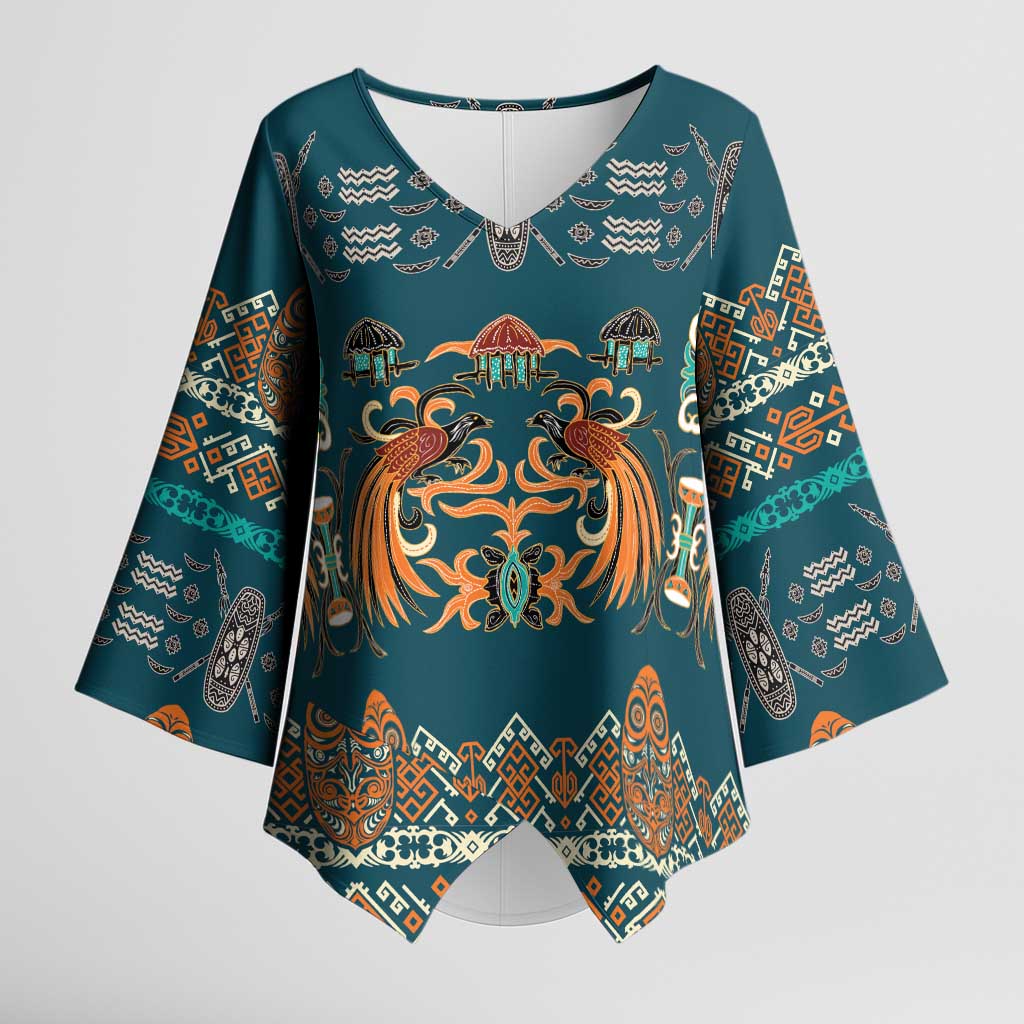 Dark Cyan Blue Batik Papua-inspired Pattern Kimono Sleeve Blouse - Polynesian Pride
