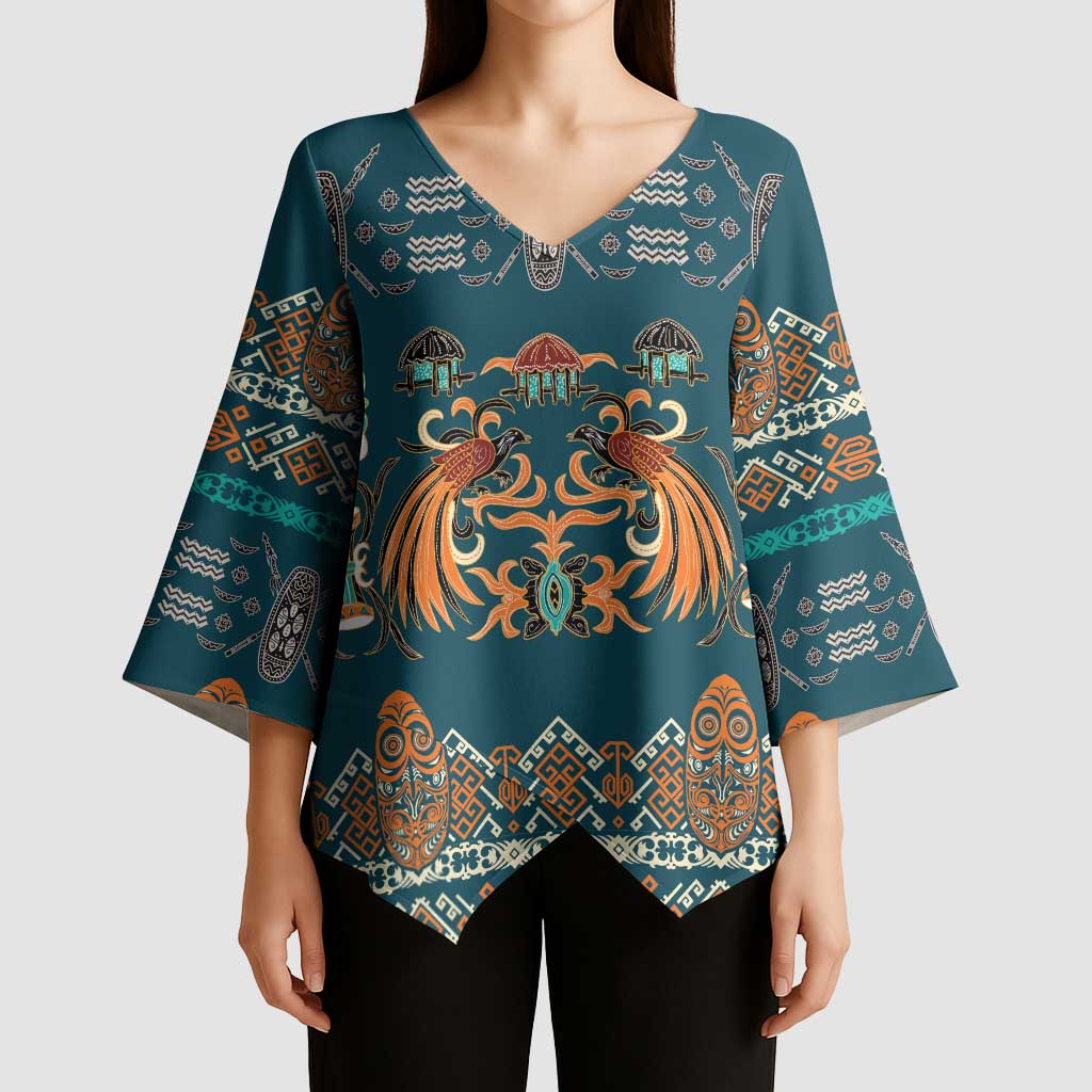 Dark Cyan Blue Batik Papua-inspired Pattern Kimono Sleeve Blouse - Polynesian Pride