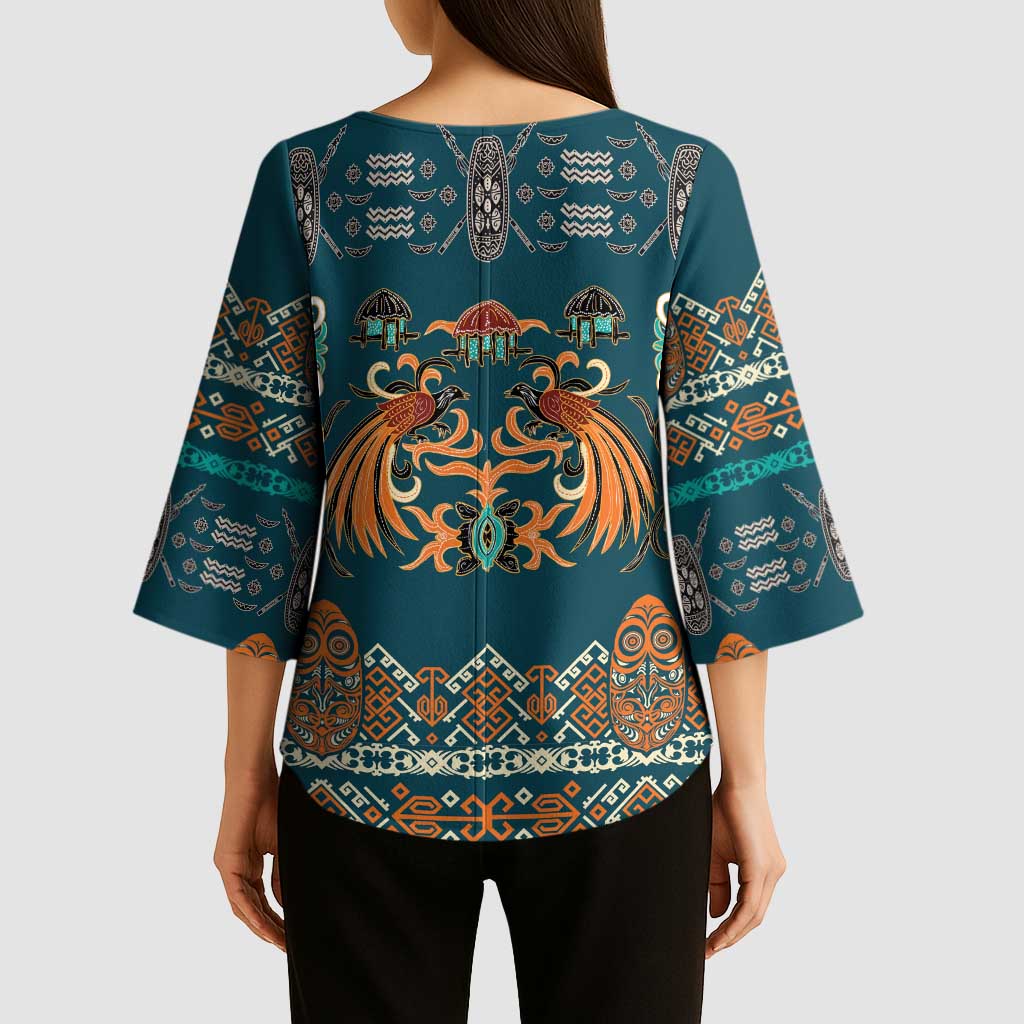 Dark Cyan Blue Batik Papua-inspired Pattern Kimono Sleeve Blouse - Polynesian Pride