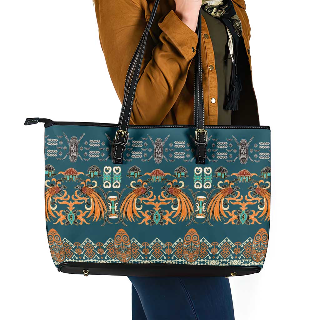 Dark Cyan Blue Batik Papua-inspired Pattern Leather Tote Bag LT9 - Polynesian Pride