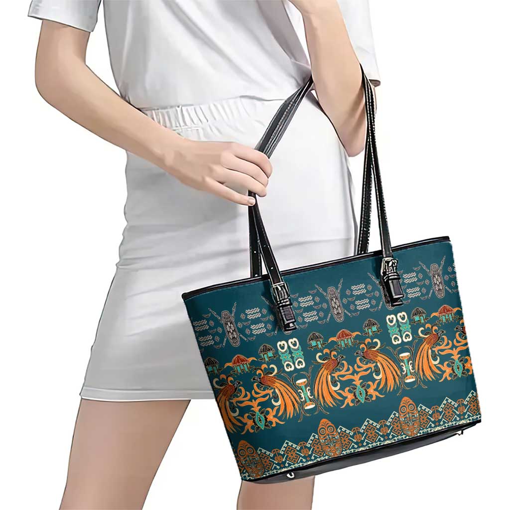 Dark Cyan Blue Batik Papua-inspired Pattern Leather Tote Bag LT9 - Polynesian Pride