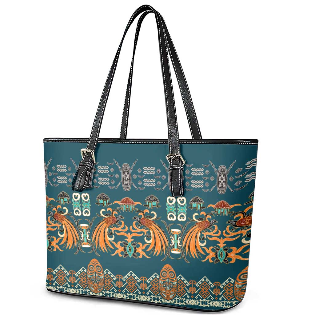 Dark Cyan Blue Batik Papua-inspired Pattern Leather Tote Bag LT9 - Polynesian Pride