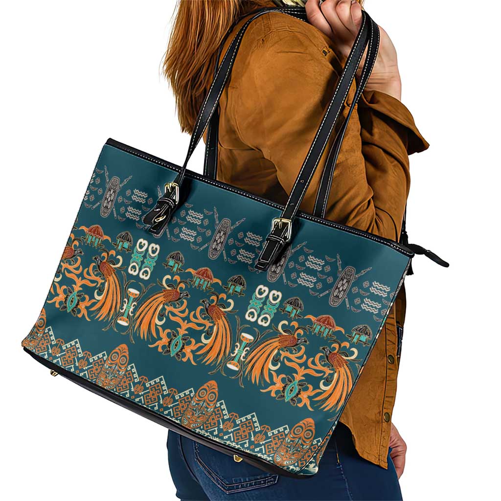 Dark Cyan Blue Batik Papua-inspired Pattern Leather Tote Bag LT9 - Polynesian Pride