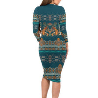 Dark Cyan Blue Batik Papua-inspired Pattern Long Sleeve Bodycon Dress - Polynesian Pride